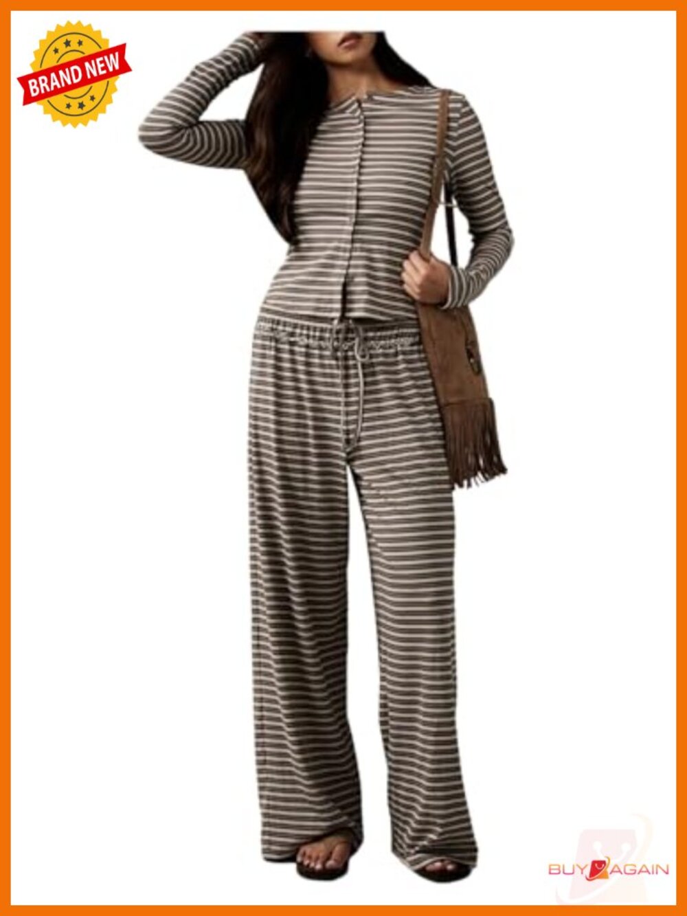 Women's Striped Lounge 2 Piece Pant Set Long Sleeve Button Up